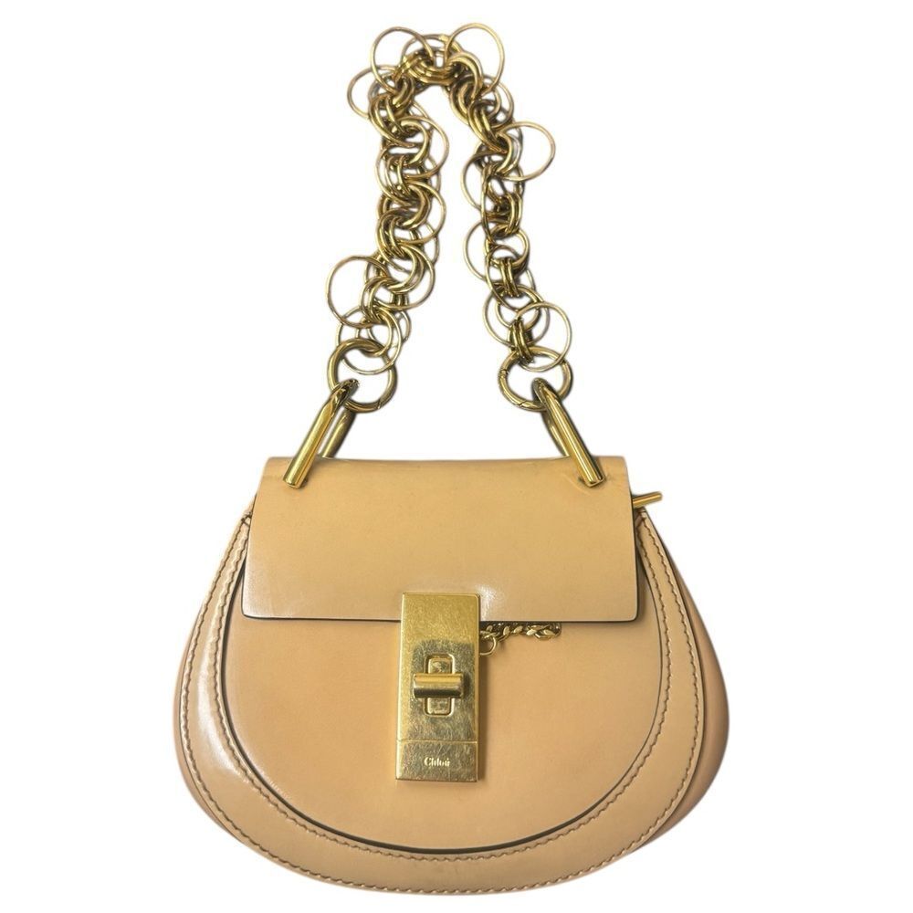 CHLOE Tan Patent Leather Mini Drew Bijou Shoulder Bag Chainlink Strap Baguette
